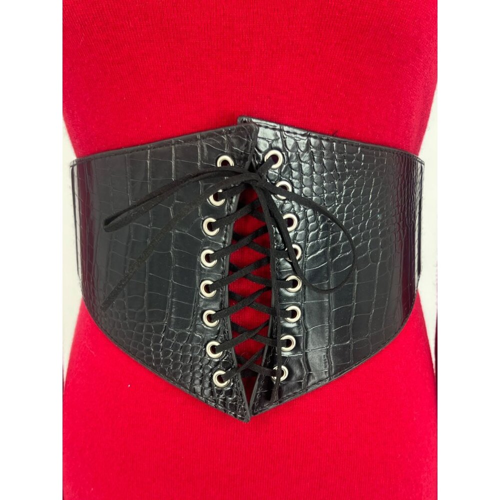 Black Faux Leather Corset Lace-Up Front Snap Closure Croc-Embossed Wide Belt - Picture 2 of 14